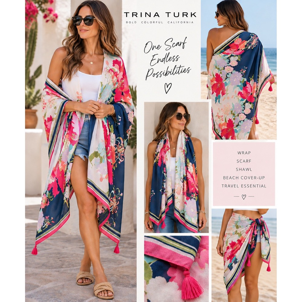 Trina Turk Floral Tassel Oversized Scarf Wrap Shawl Blue Pink White 65x45
